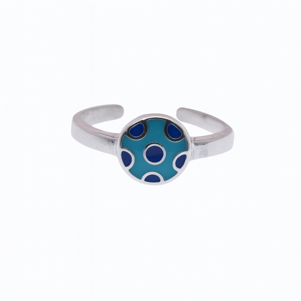Silver 925 Rhodium Plated Blue Enamel Polka Dot Toe Ring - CZTR016