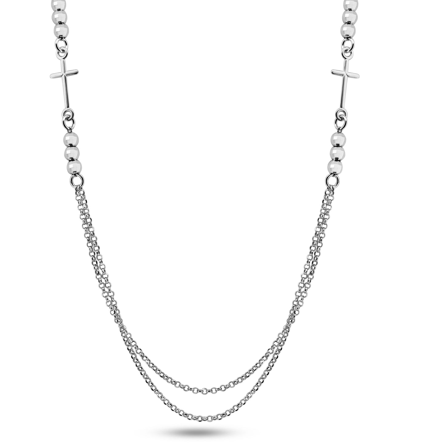 Rhodium Plated 925 Sterling Silver Multi Chain Beaded Cross Necklace - GCP00006-RH