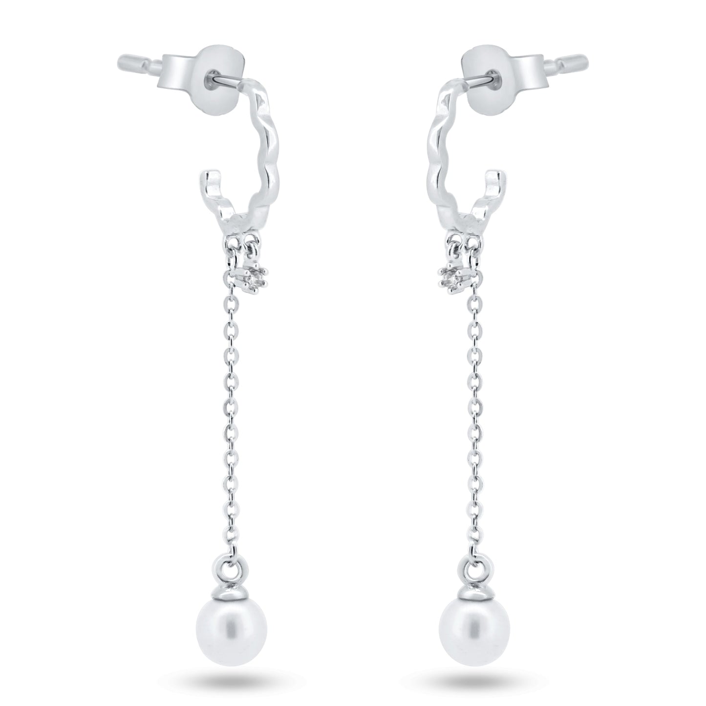 Sterling Silver Rhodium Plated Dangling Pearl Semi Hoop CZ Earrings - GME00149