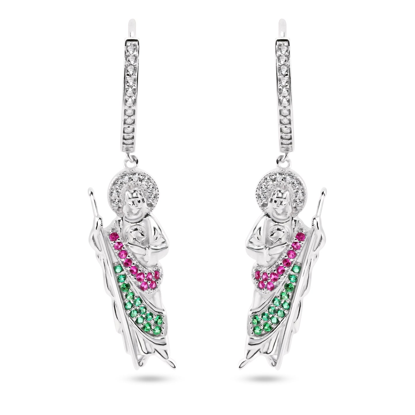 Sterling Silver Rhodium Plated Dangling St Jude Hoop Clear CZ Earrings - GME00153