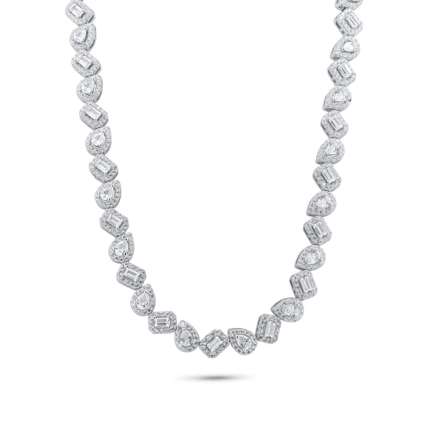 Rhodium Plated 925 Sterling Silver Teardrop and Baguette CZ Stone Encrusted 7.4mm Adjustable Tennis Necklace - GMN00205