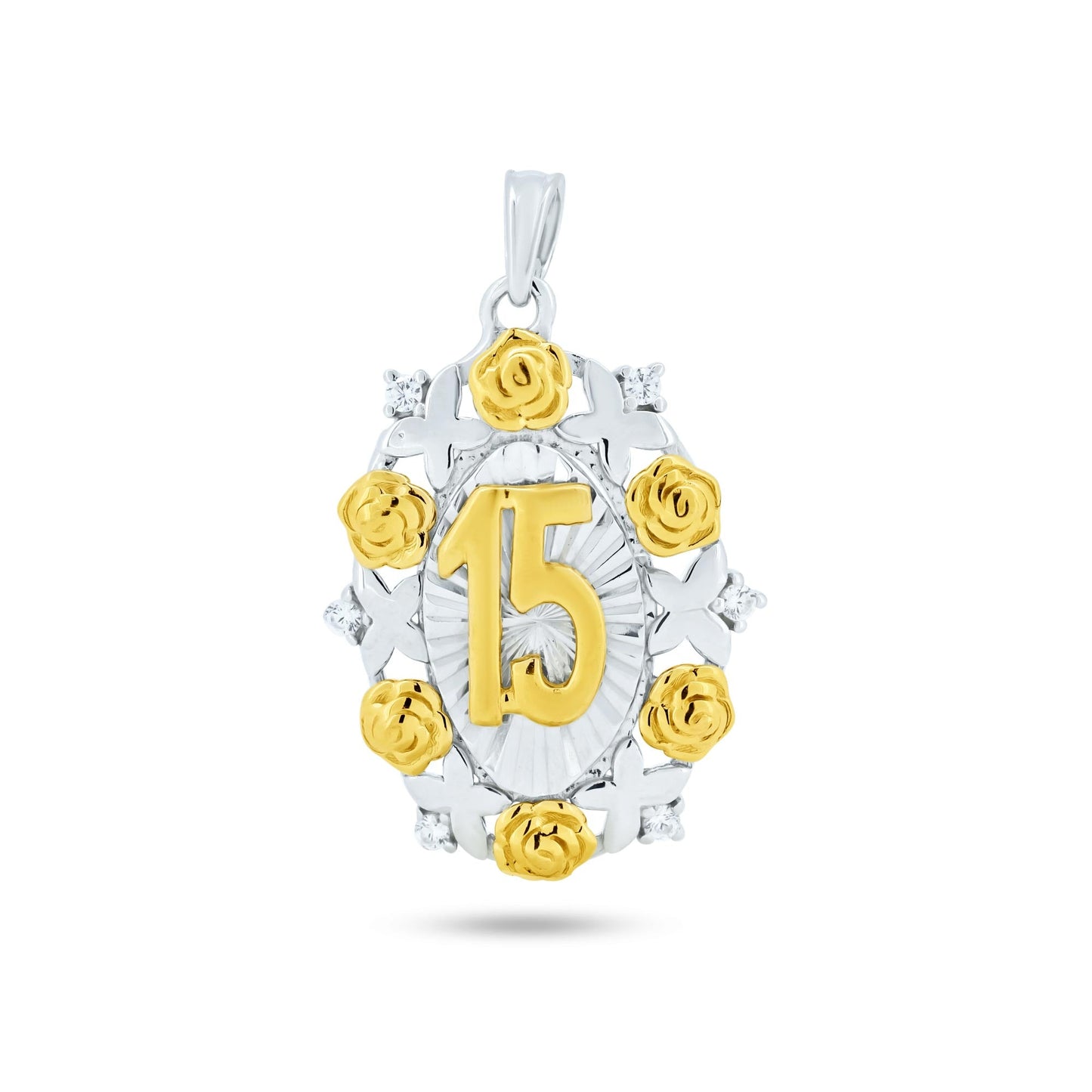 Two-Tone Plated 925 Sterling Silver Moissanite or Cubic Zirconia Oval Disc Quinceañera Pendant - MGMP00137RG | GMP00137RG
