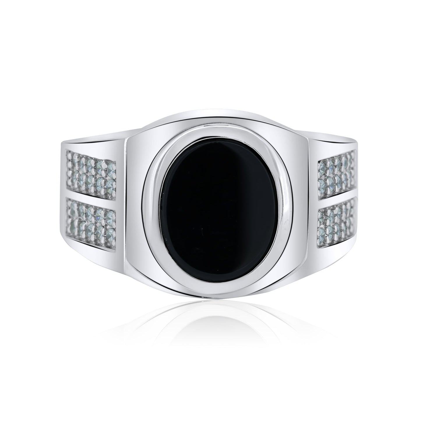 Men's Sterling 925 Sterling Silver Rhodium Oval Black Onyx CZ Shank Ring - GMR00349