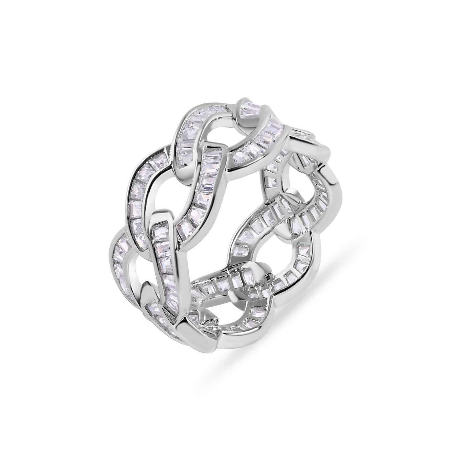 Rhodium Plated 925 Sterling Silver Curb Baguette Clear CZ 10.3mm Ring - GMR00399
