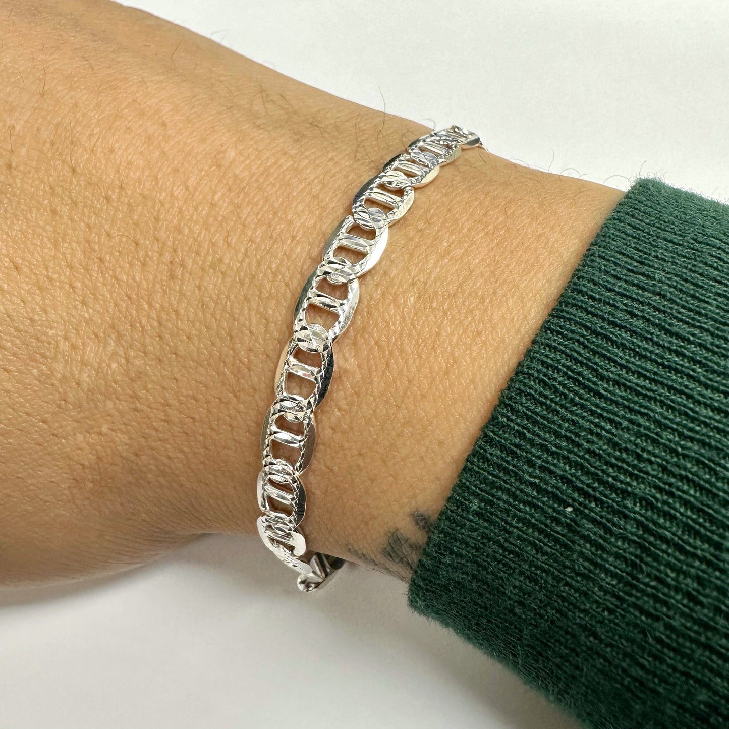 925 Sterling Silver Flat Marina 1 Sided 180 Diamond Cut 7.5mm Chain or Bracelet - CH673