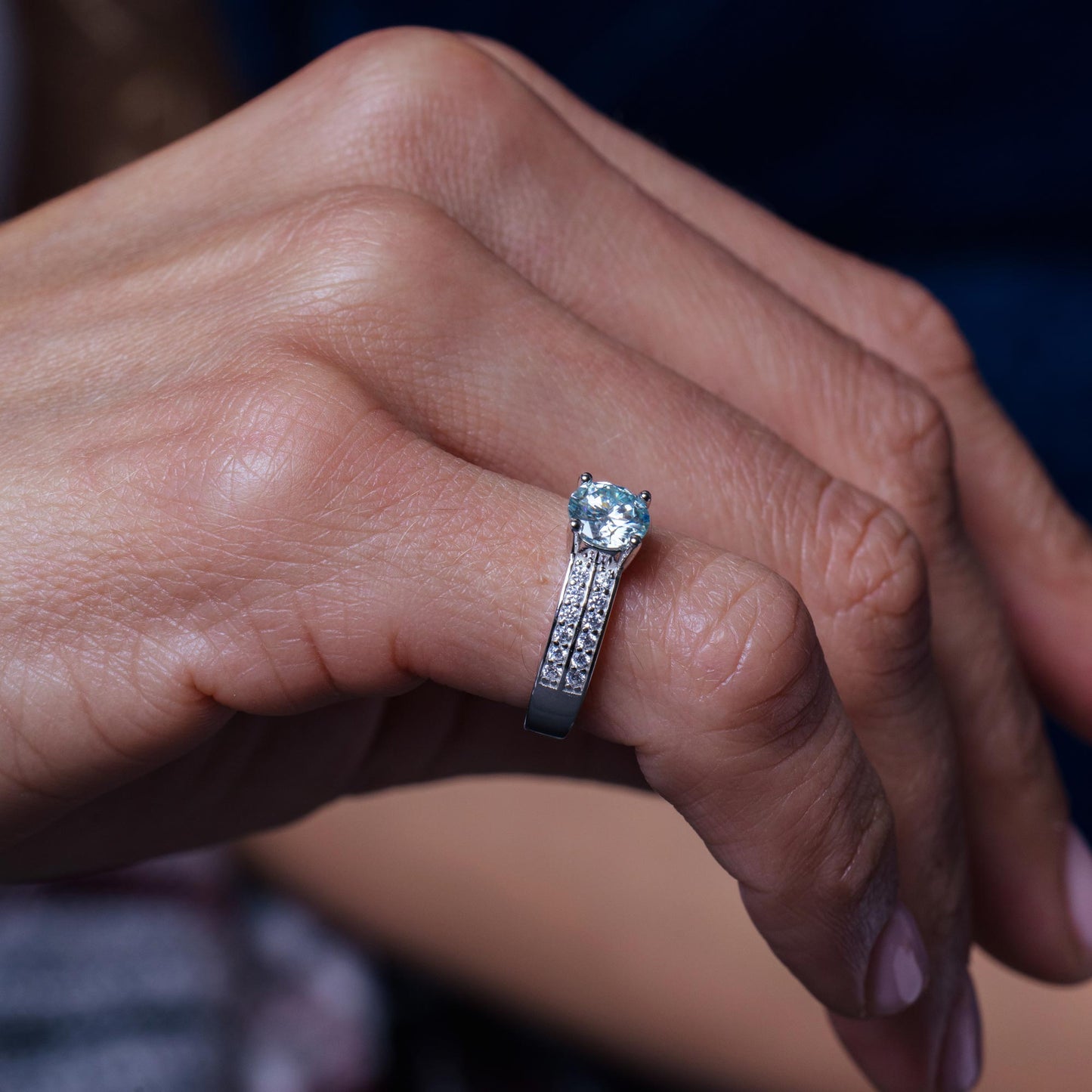 Rhodium Plated 925 Sterling Silver Double Row Shank Round Moissanite Stones Ring - MBGR00007