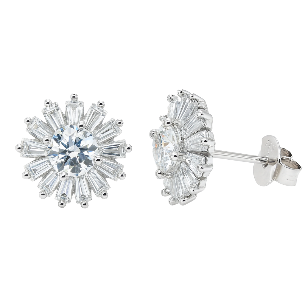 Rhodium Plated 925 Sterling Silver Moissanite Radiant Burst 11.5mm Stud Earring - MDGE00013