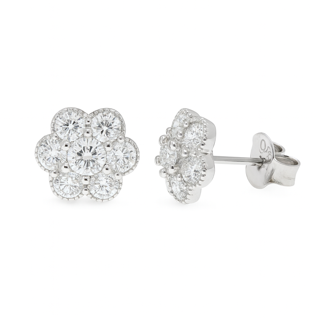 Rhodium Plated 925 Sterling Silver Moissanite Cluster Flower 8.6mm Stud Earring - MDGE00014