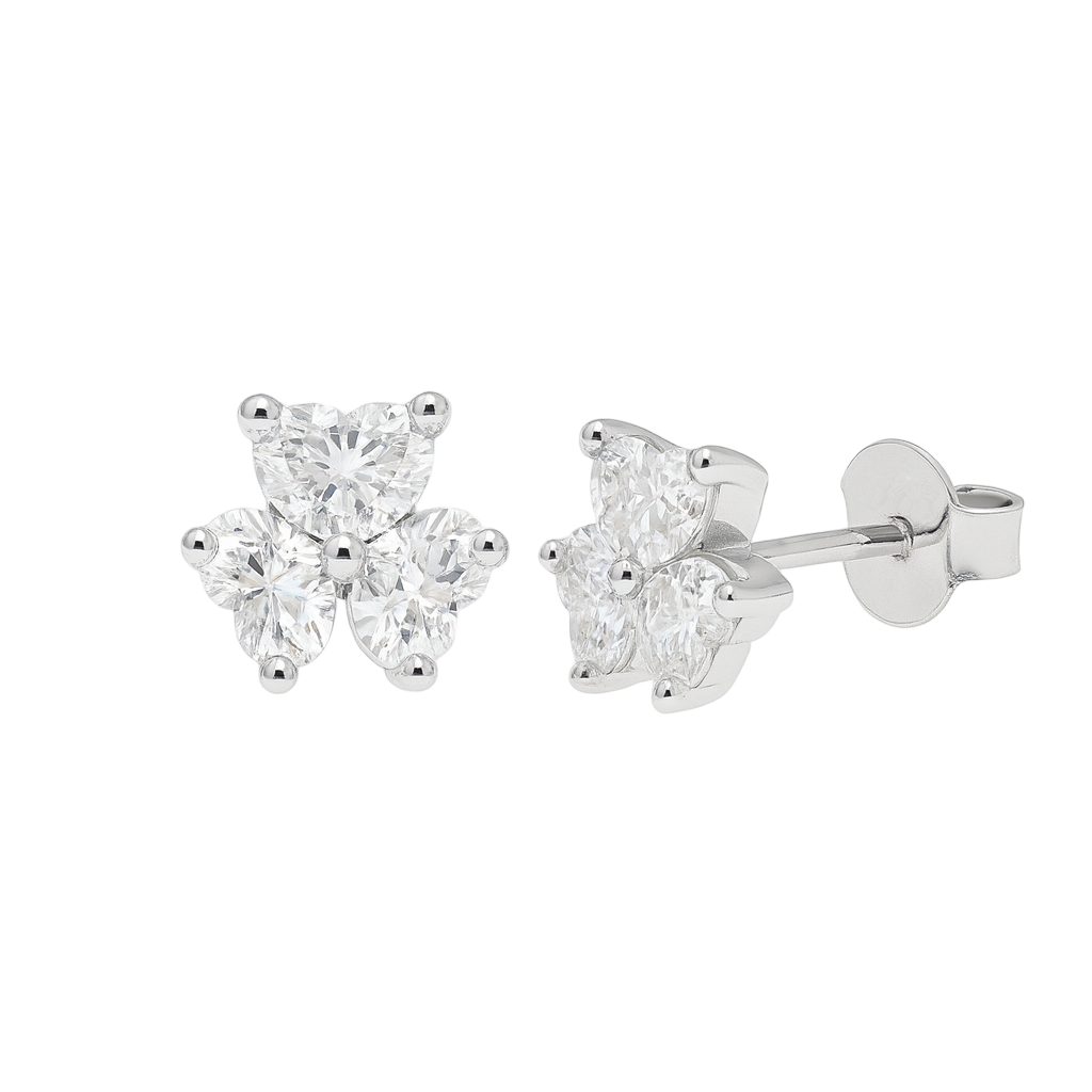 Rhodium Plated 925 Sterling Silver Moissanite Three Stone Flower 6.5mm Stud Earring - MDGE00015