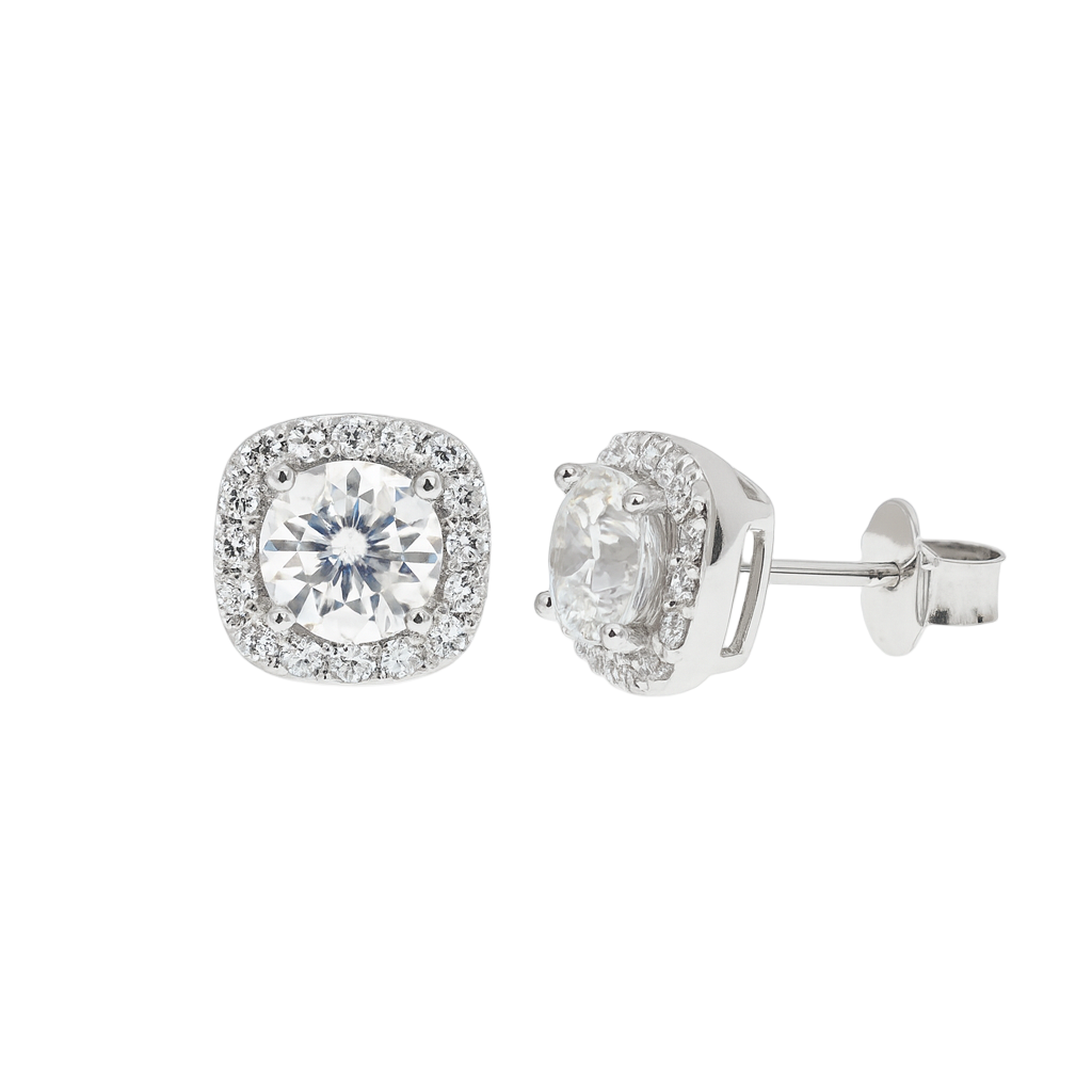 Rhodium Plated 925 Sterling Silver Moissanite Cushion Halo 9.5mm Stud Earring - MDGE00018