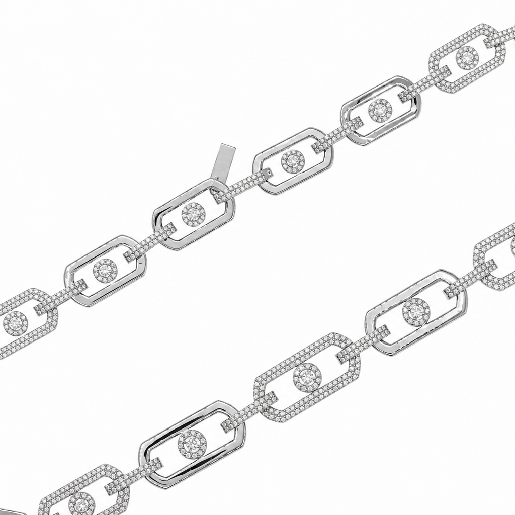 Rhodium Plated 925 Sterling Silver Moissanite Geometric Alternating Link Pave 13mm Necklace - MGMN00010