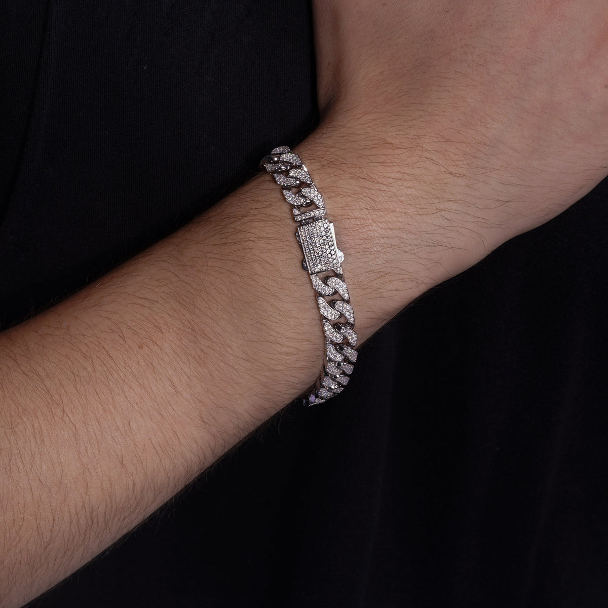 Rhodium Plated 925 Sterling Silver Moissanite on Lock Flat Cuban Link 10mm Bracelet - MTGB00011