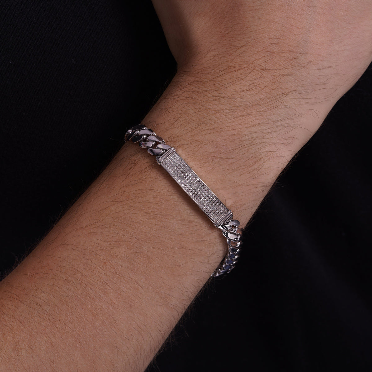 Rhodium Plated 925 Sterling Silver Moissanite Pave Bar Cuban Link 8mm Bracelet - MTGB00015