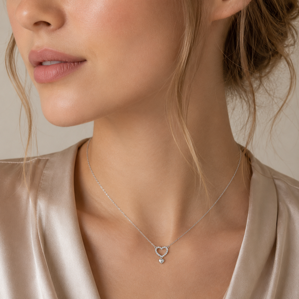 Two-Tone 925 Sterling Silver Moissanite Open Heart Dangling Heart Charm Necklace - MTGN00015