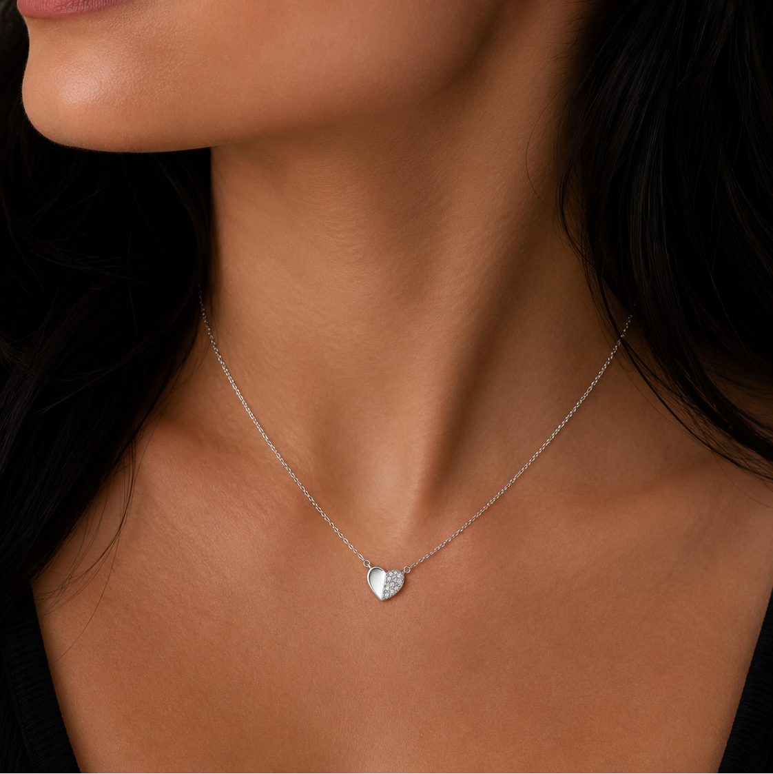 Rhodium Plated 925 Sterling Silver Moissanite Half Pavé Heart Pendant Adjustable Necklace - MTGN00016