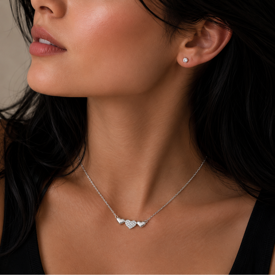 Rhodium Plated 925 Sterling Silver Moissanite Triple Heart Pave Necklace - MTGN00017