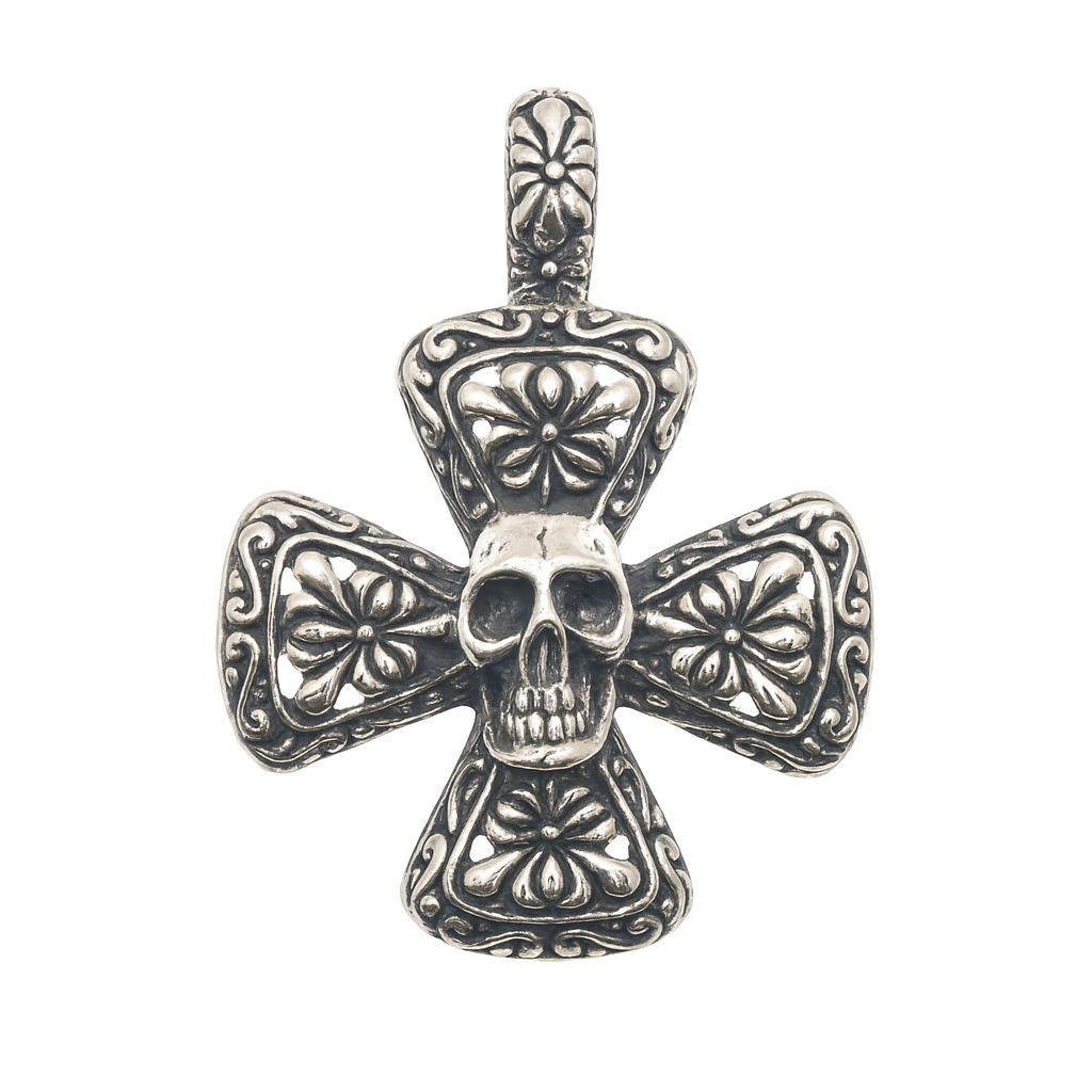 Oxidized 925 Sterling Silver Gothic Skull Cross 32mm Pendant - OXP00072