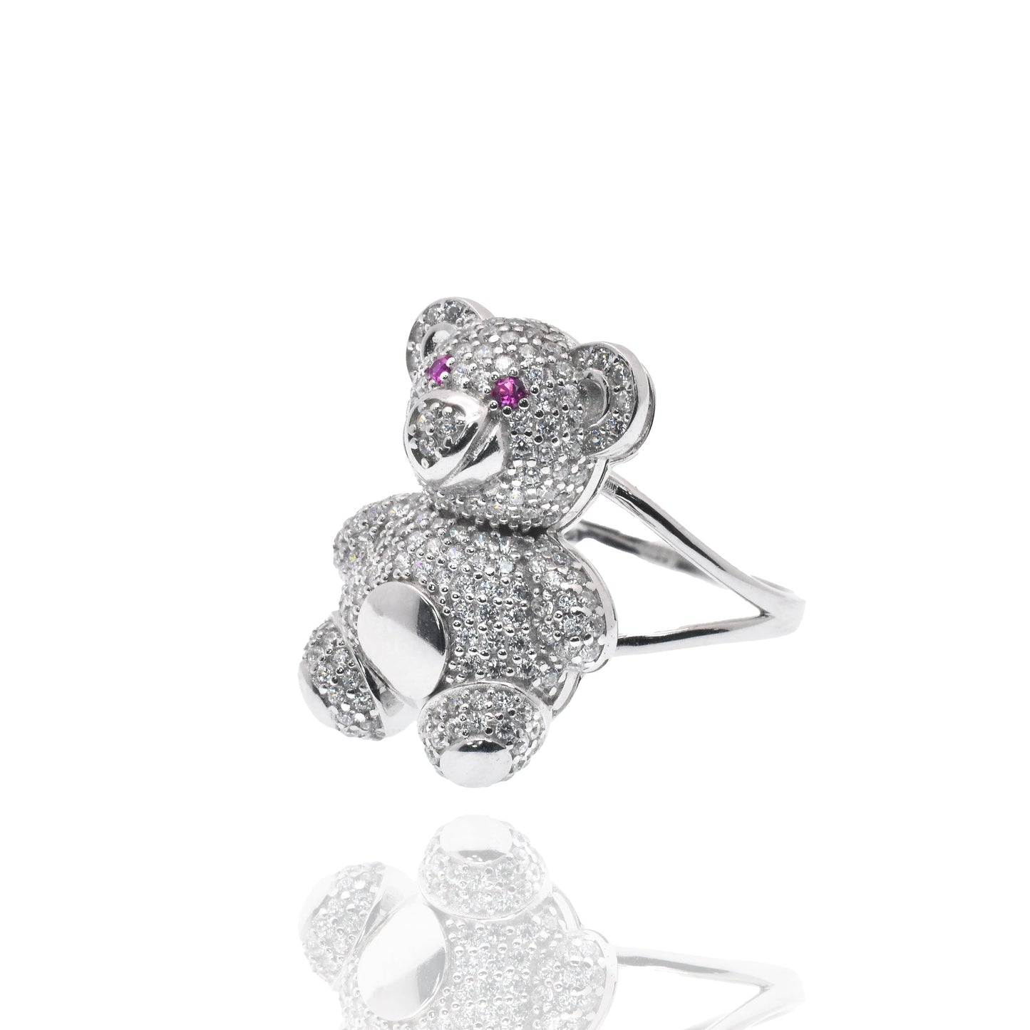 Rhodium Plated 925 Sterling Silver Teddy Bear Red and Clear CZ 17mm x 22mm Ring - GMR00447