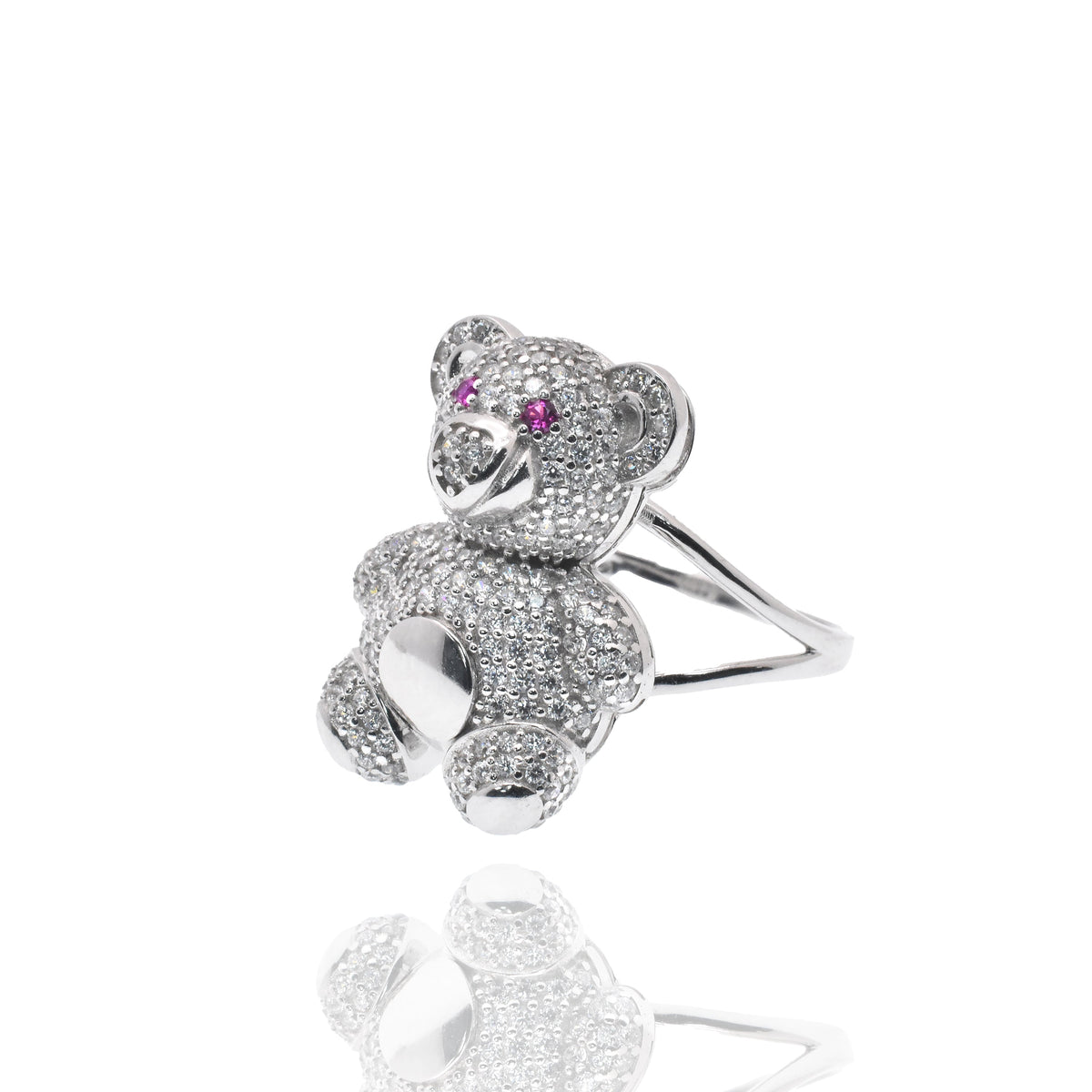 Rhodium Plated 925 Sterling Silver Moissanite or CZ Teddy Bear Ring - MGMR00447 | GMR00447