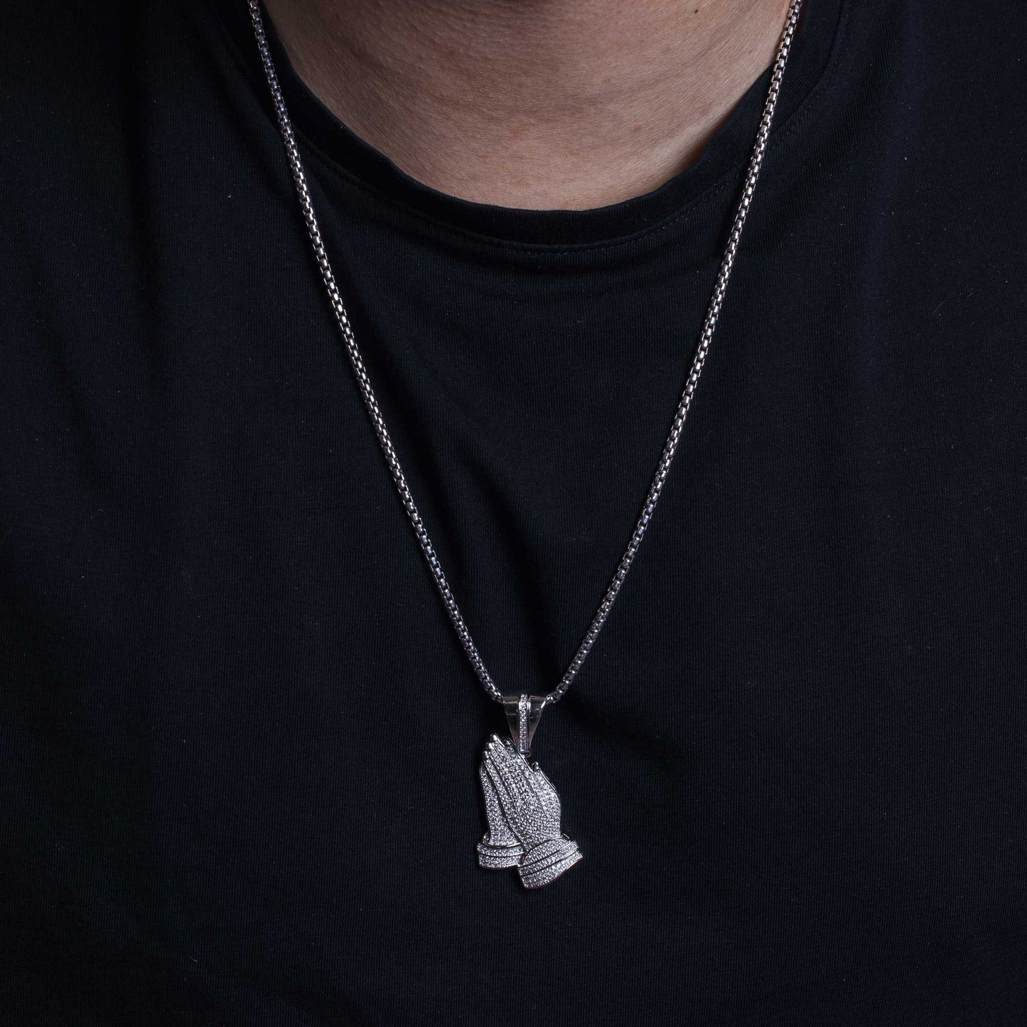 Rhodium Plated 925 Sterling Silver CZ Praying Hands Hip Hop Pendant - SLP00027