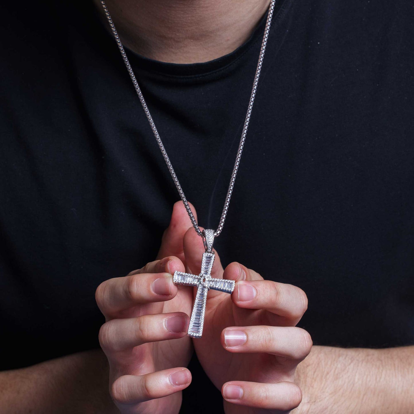 Rhodium Plated 925 Sterling Silver CZ Cross Hip Hop Pendant - SLP00263