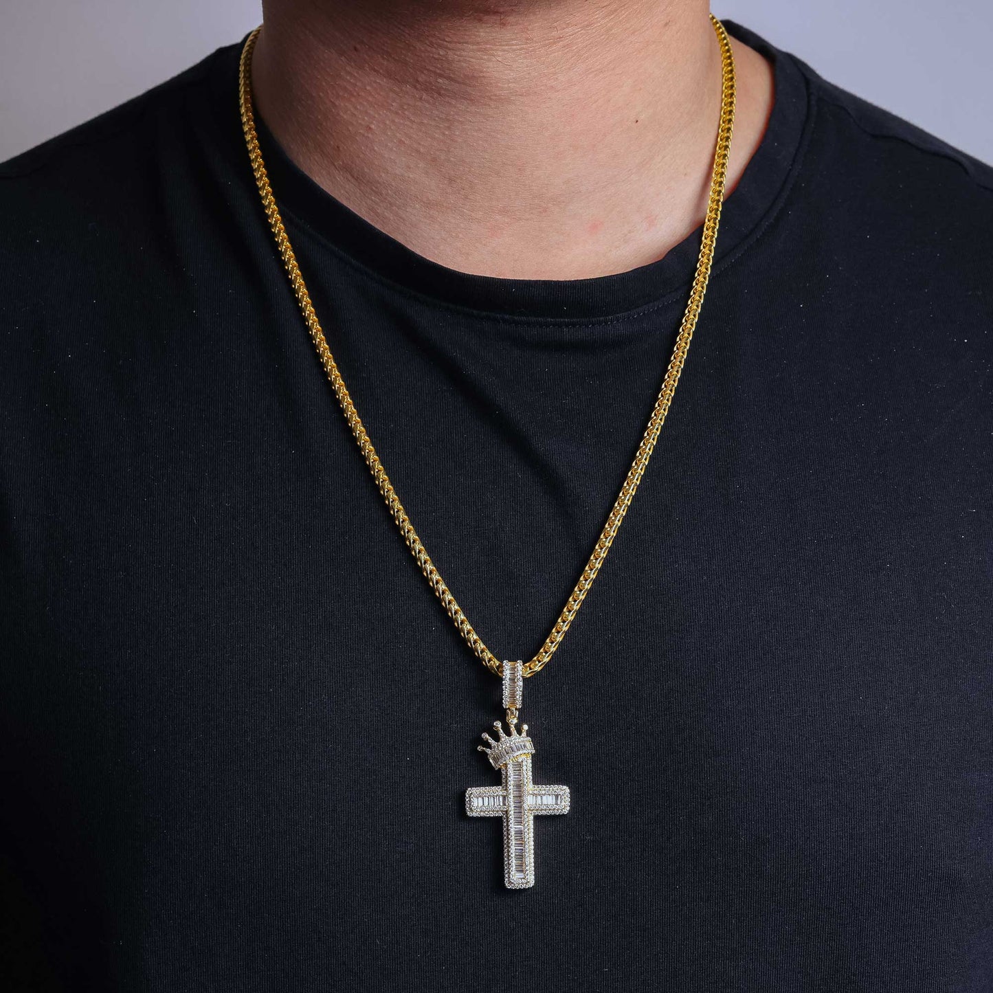 Gold Plated 925 Sterling Silver CZ Crown Cross Hip Hop Pendant - SLP00269GP