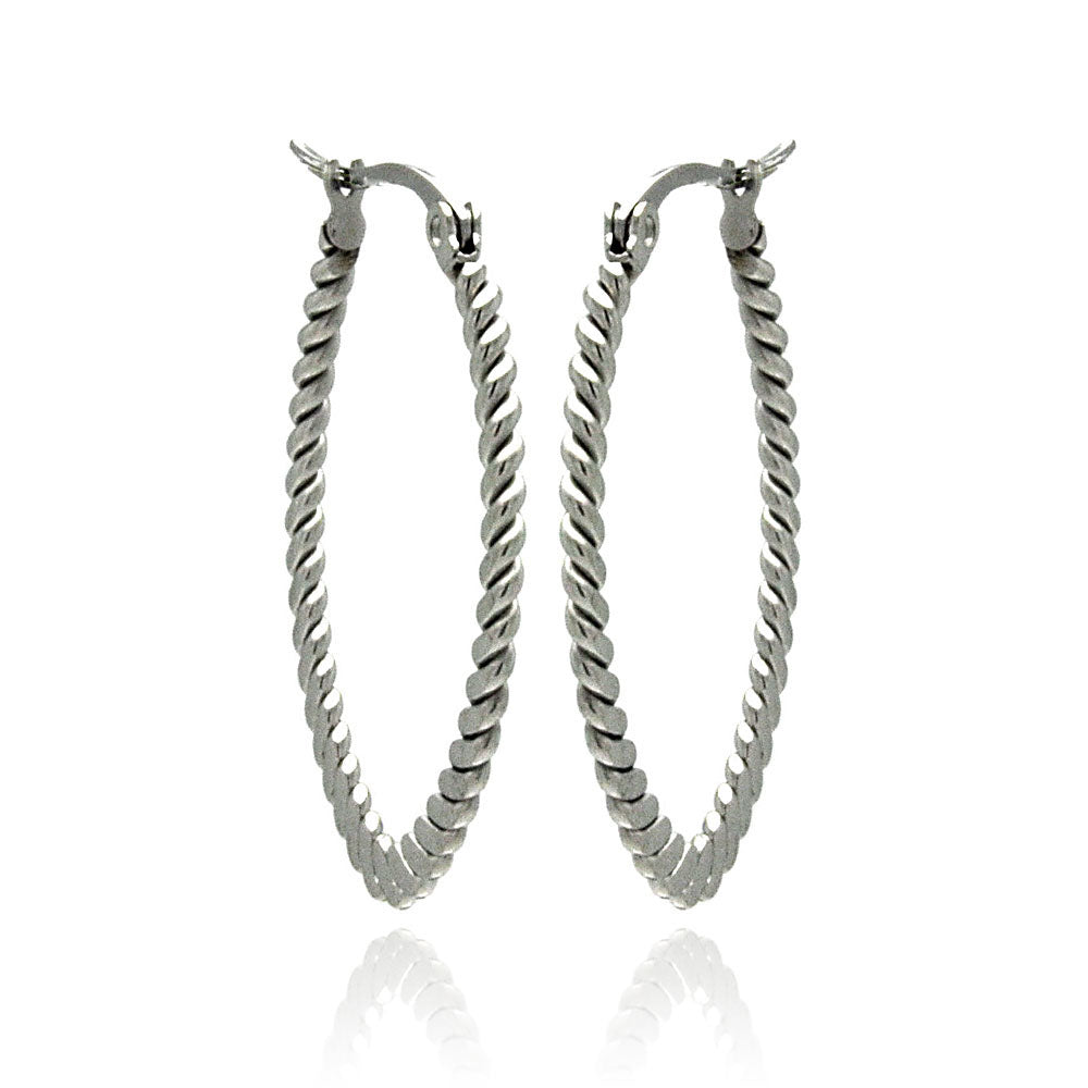 Rhodium Plated Stainless Steel Flat Oval Rope Hoop Earrings - SSE0003-30