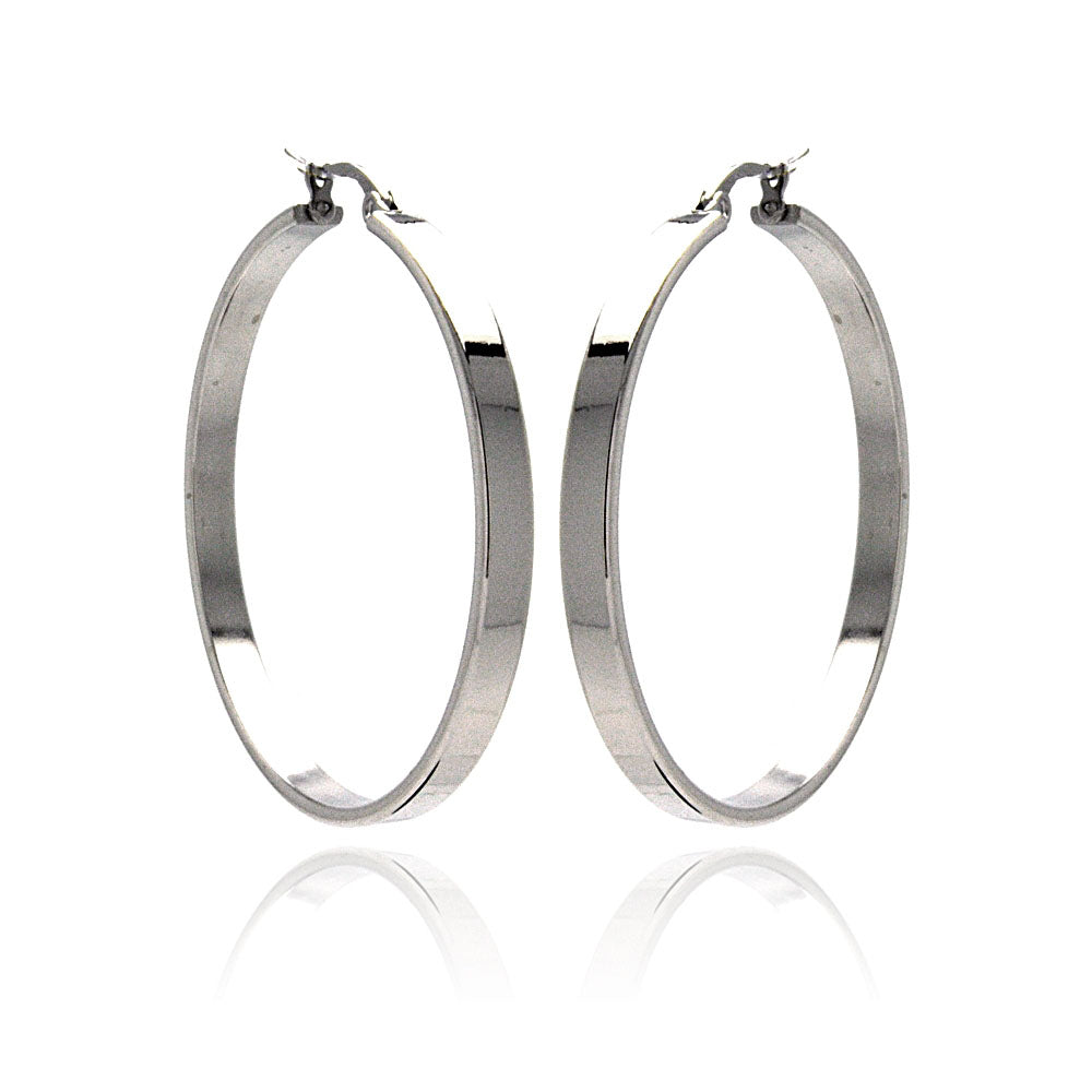 Rhodium Plated Stainless Steel Plain Flat Hoop Earrings - SSE00043