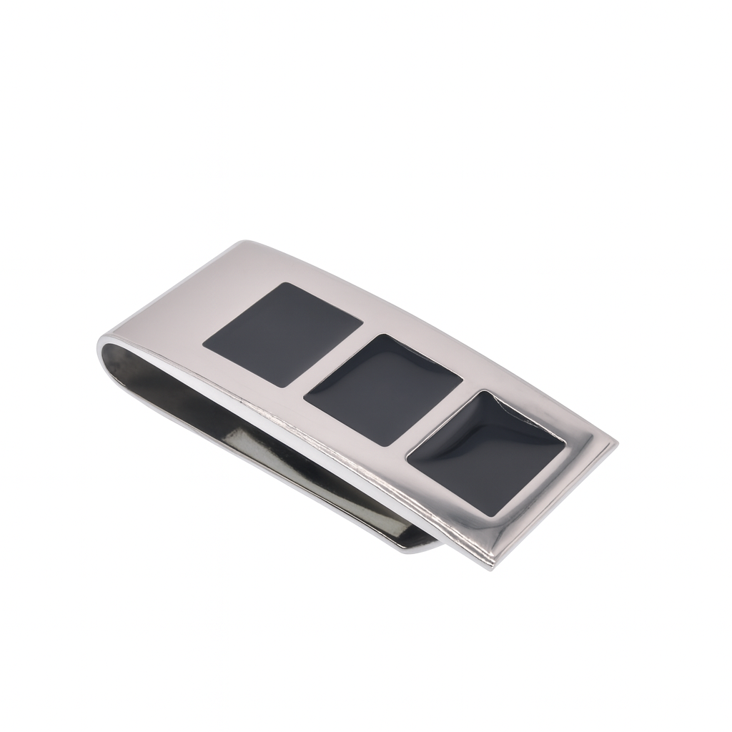 Rhodium Plated Stainless Steel Three Black Enamel Squares 22mmx48mm Money Clip- SSM00003