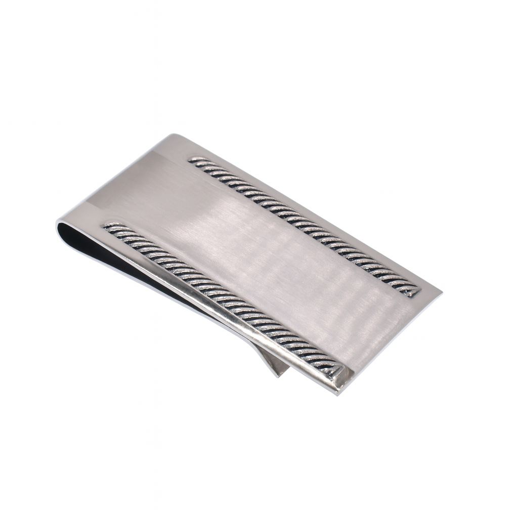 Rhodium Plated Stainless Steel Rope Edge 22mmx49mm Money Clip - SSM000025