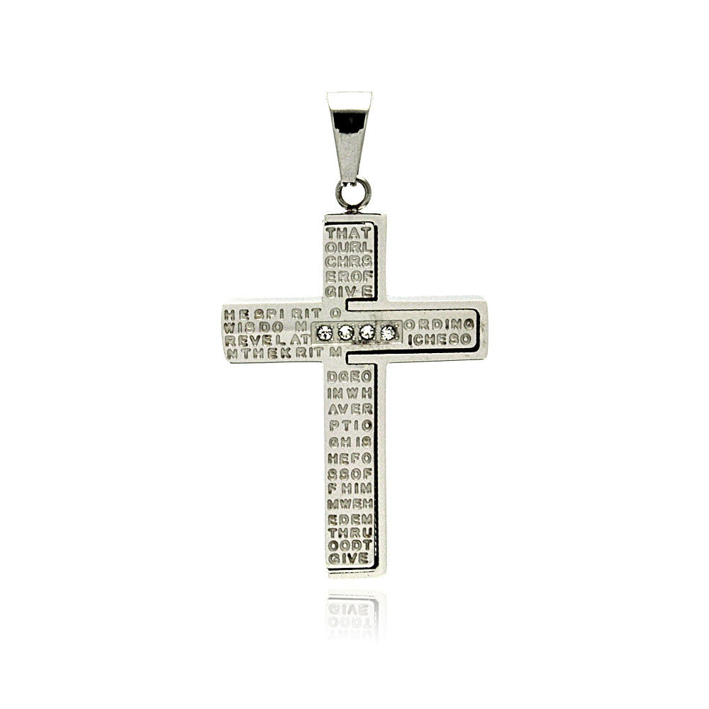 Rhodium Plated Stainless Steel Bible Verse CZ Cross Pendant - SSP00202
