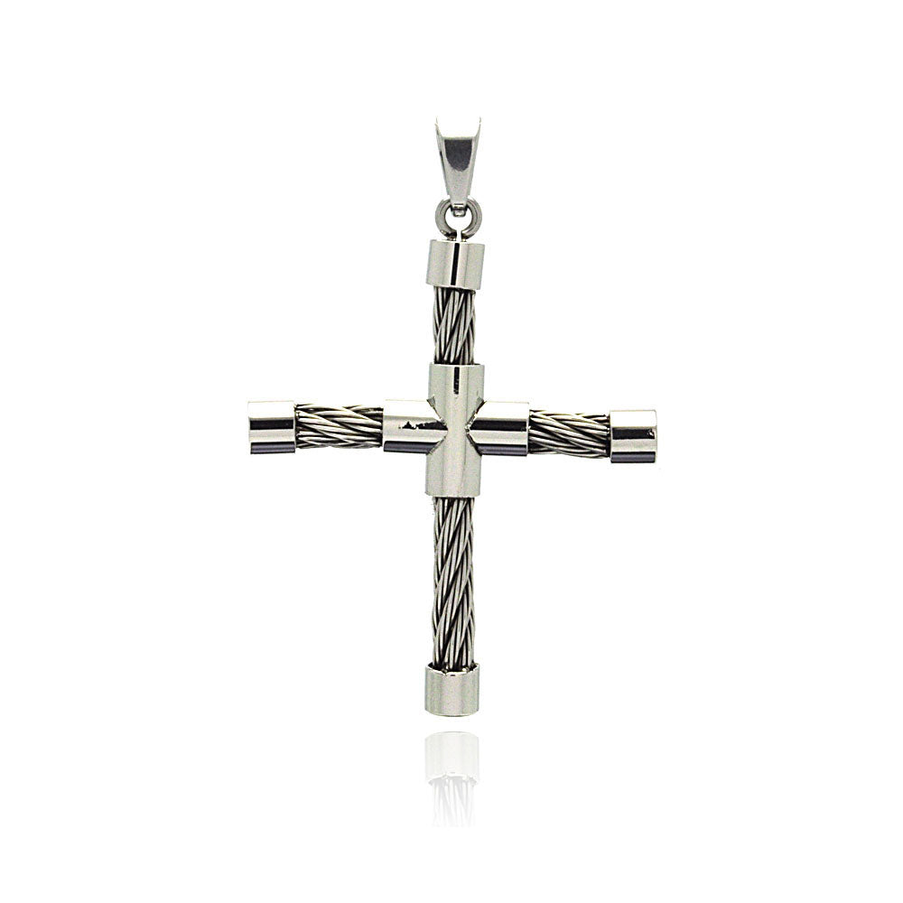 Rhodium Plated Stainless Steel Cable Cross Pendant - SSP00204