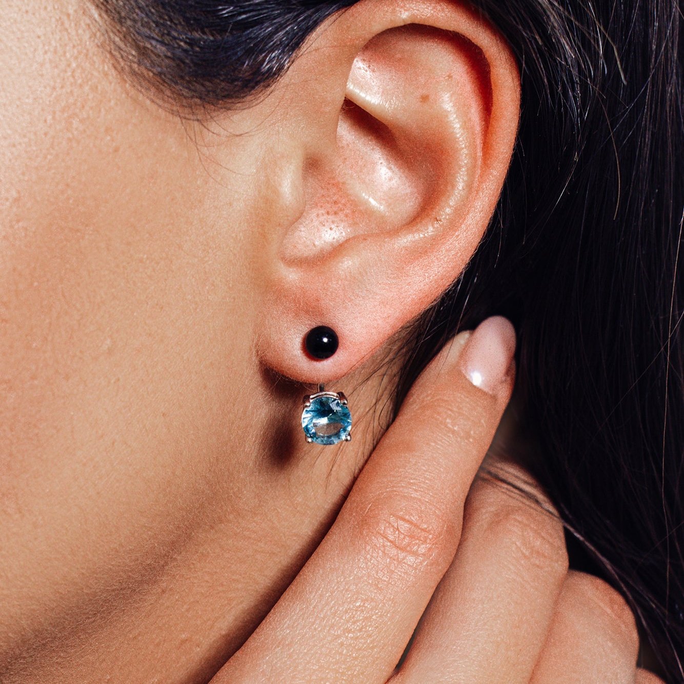 925 Sterling Silver Light Blue CZ Black Synthetic Pearl Front and Back Earring - STE00999MAR