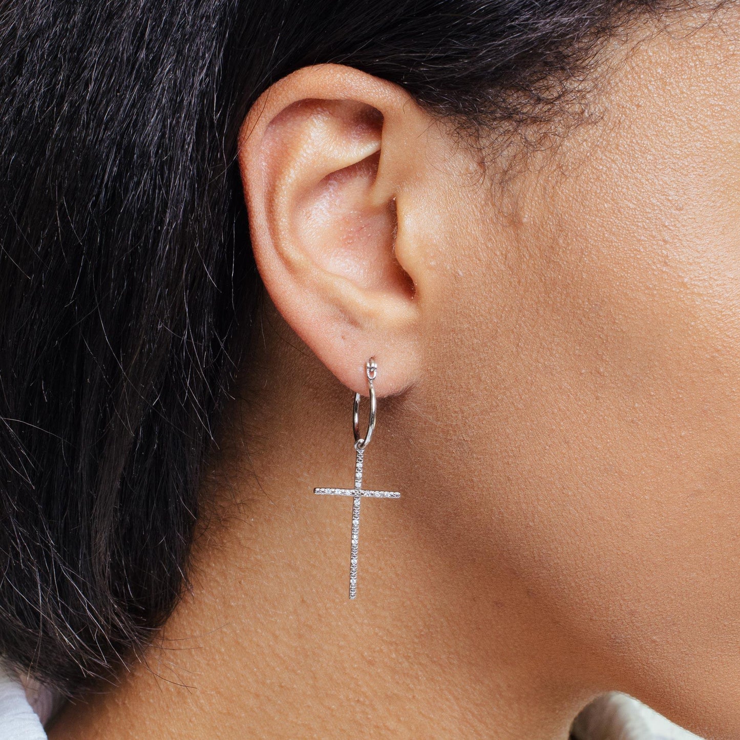 Rhodium Plated 925 Sterling Silver Cross CZ Dangling hoop Earring - STE01357