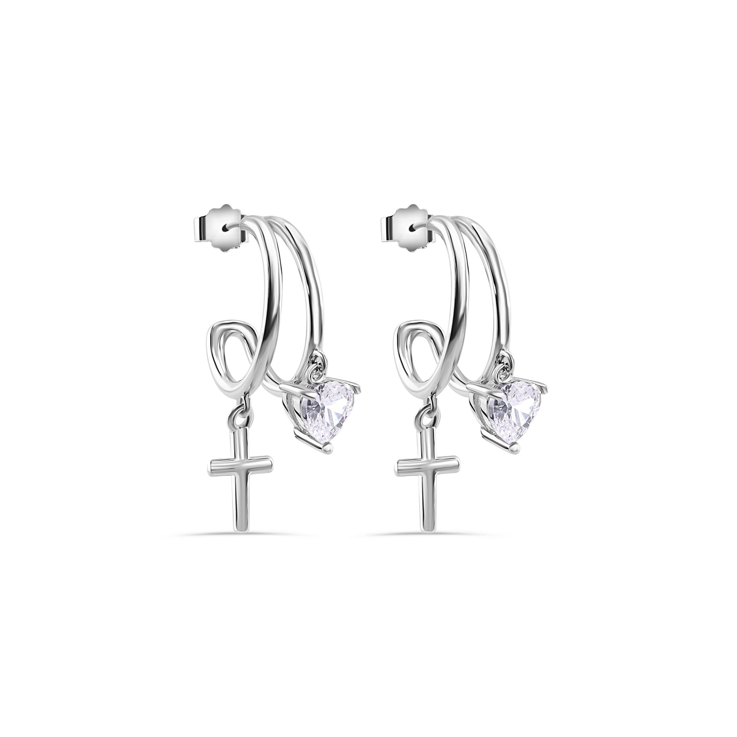 Rhodium Plated 925 Sterling Silver Heart and Cross Hoop Earring - STE01384