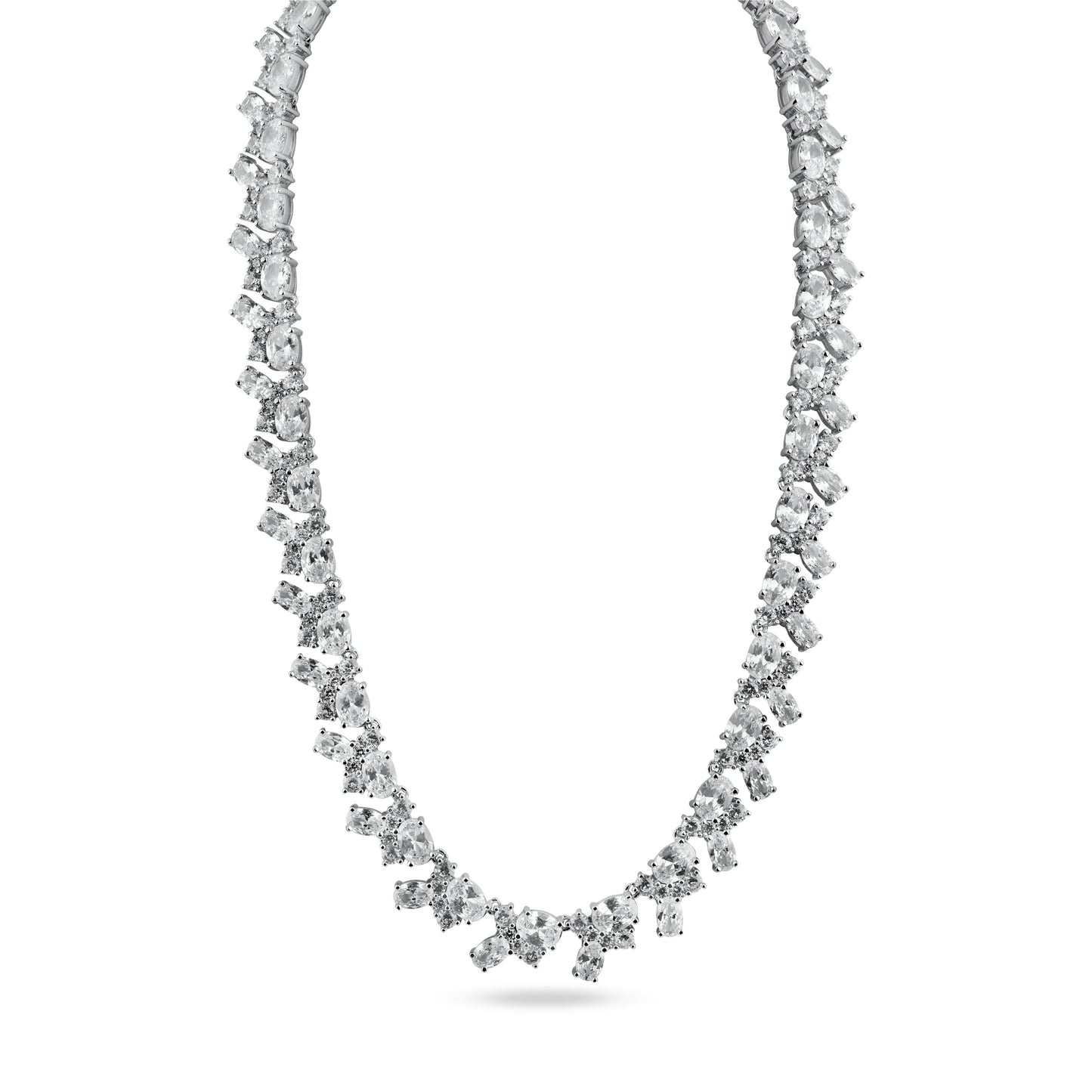 Rhodium Plated 925 Sterling Silver Multi Shape Clear CZ Tennis Necklace - STP01838