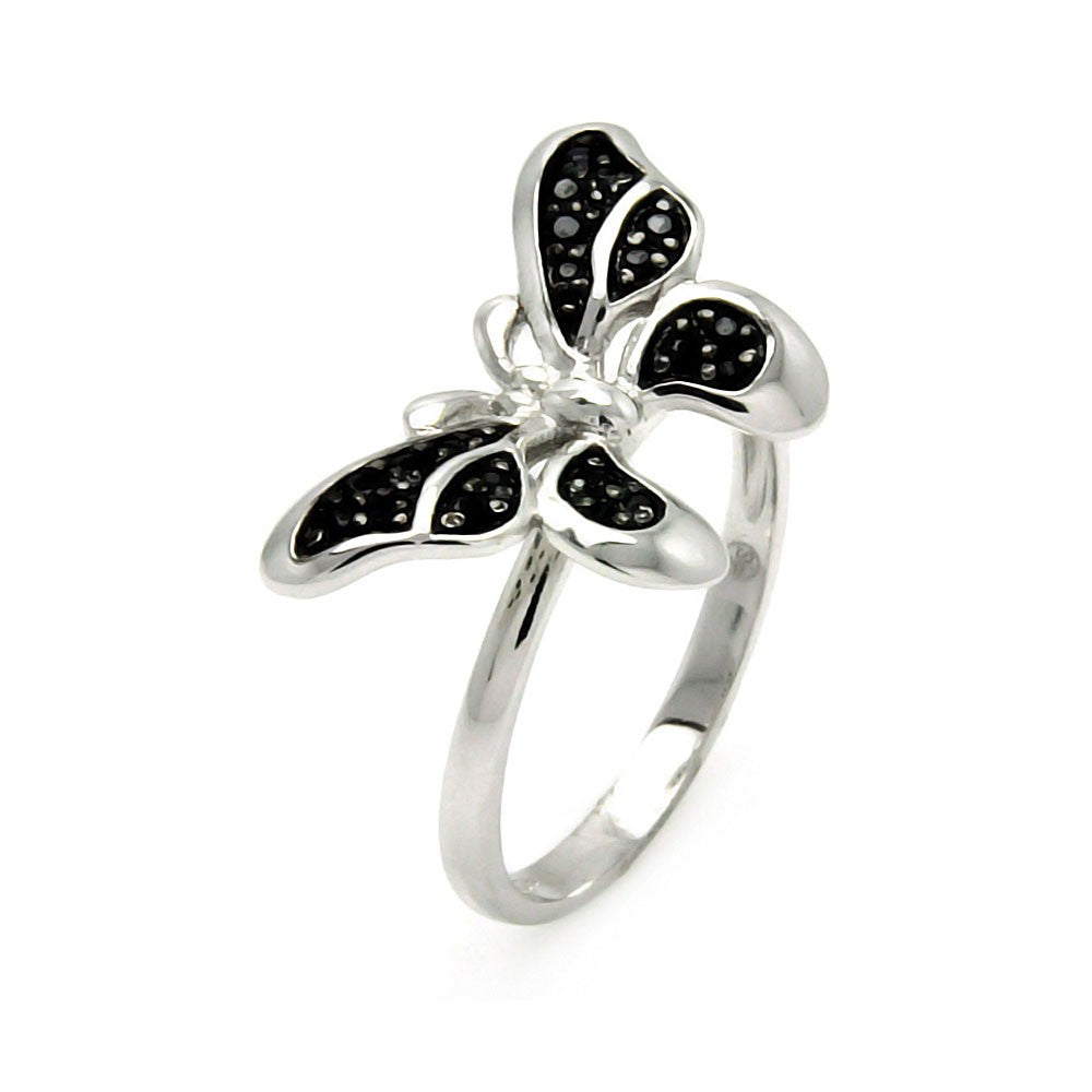 Clearance - 925 Sterling Silver Nickel Free Rhodium Plated Butterfly Black CZ Ring - STR00893