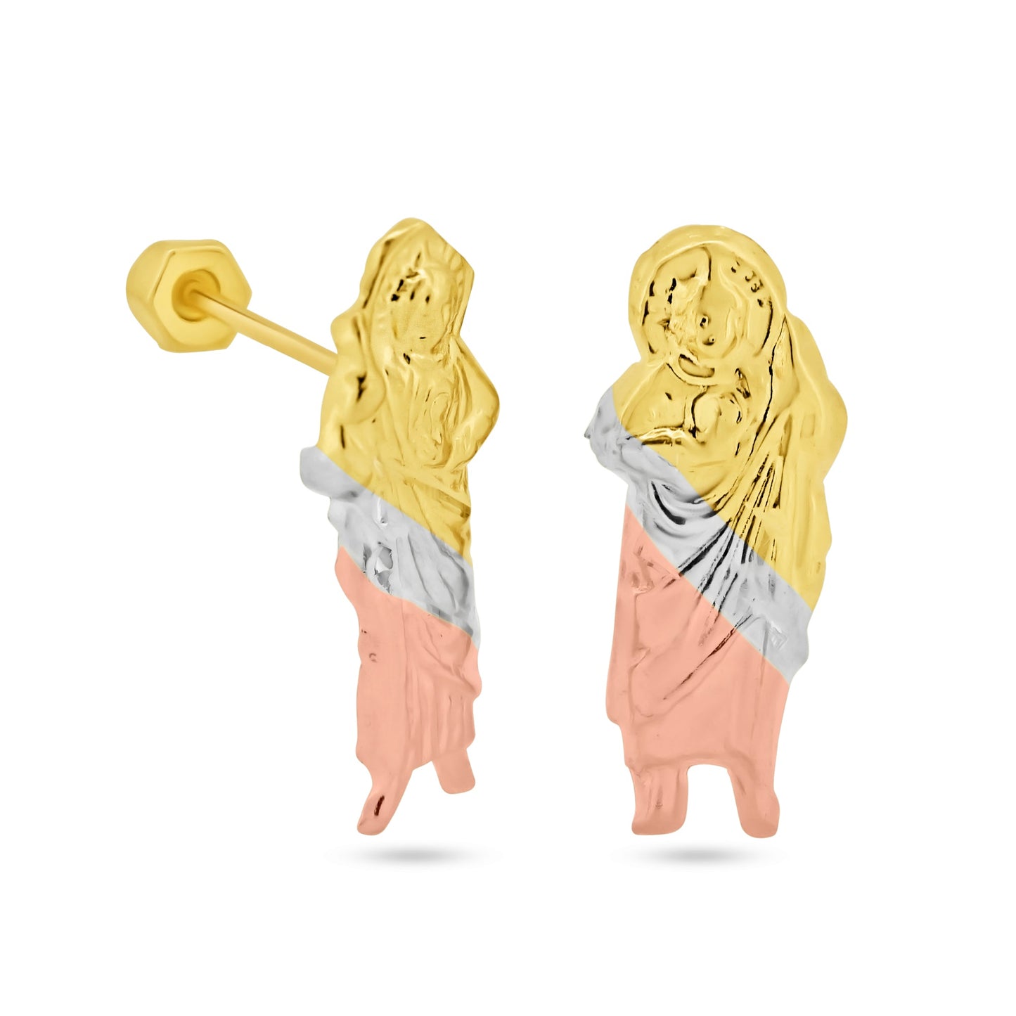 14 Karat Yellow Gold Three Tone St Jude Screw Back Earrings | Silver Palace Inc.