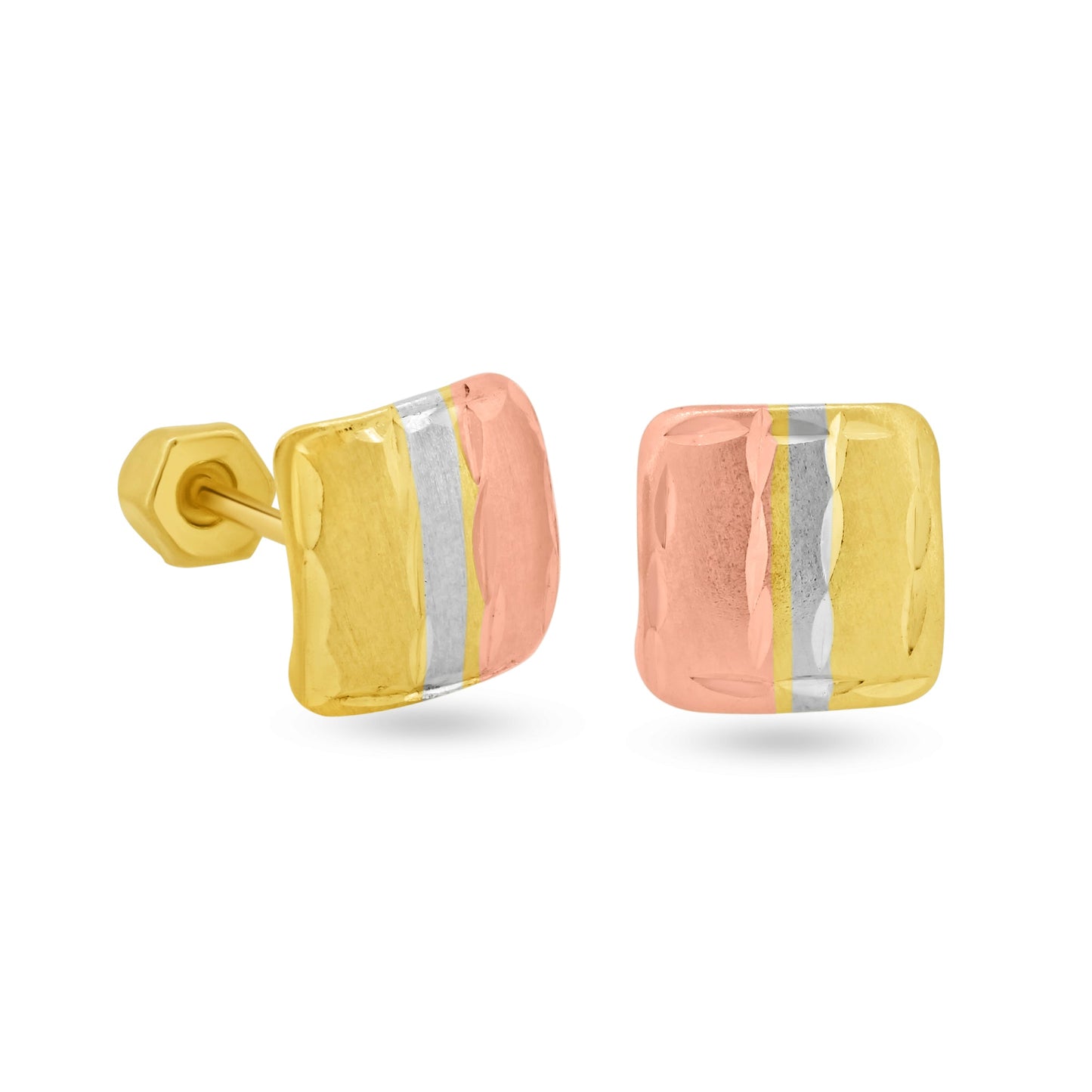 14 Karat Yellow Gold Three Tone Diamond Cut Square CZ Screw Back Earrings | Silver Palace Inc.