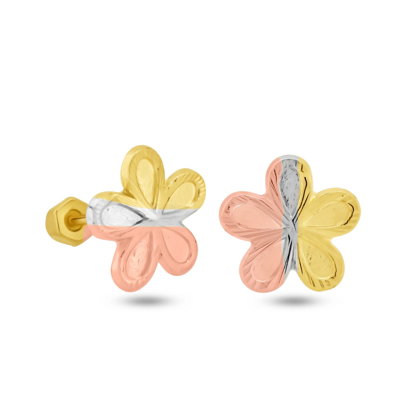 14 Karat Yellow Gold Three Tone Diamond Cut Flower Screw Back Earrings | Silver Palace Inc.