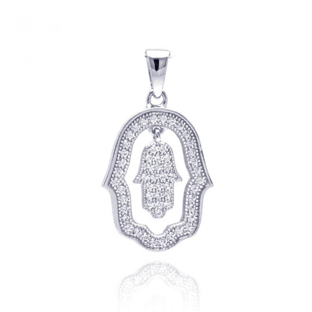 Silver 925 Rhodium Plated Open Hand Curvy Circle CZ Dangling Pendant - ACP00028