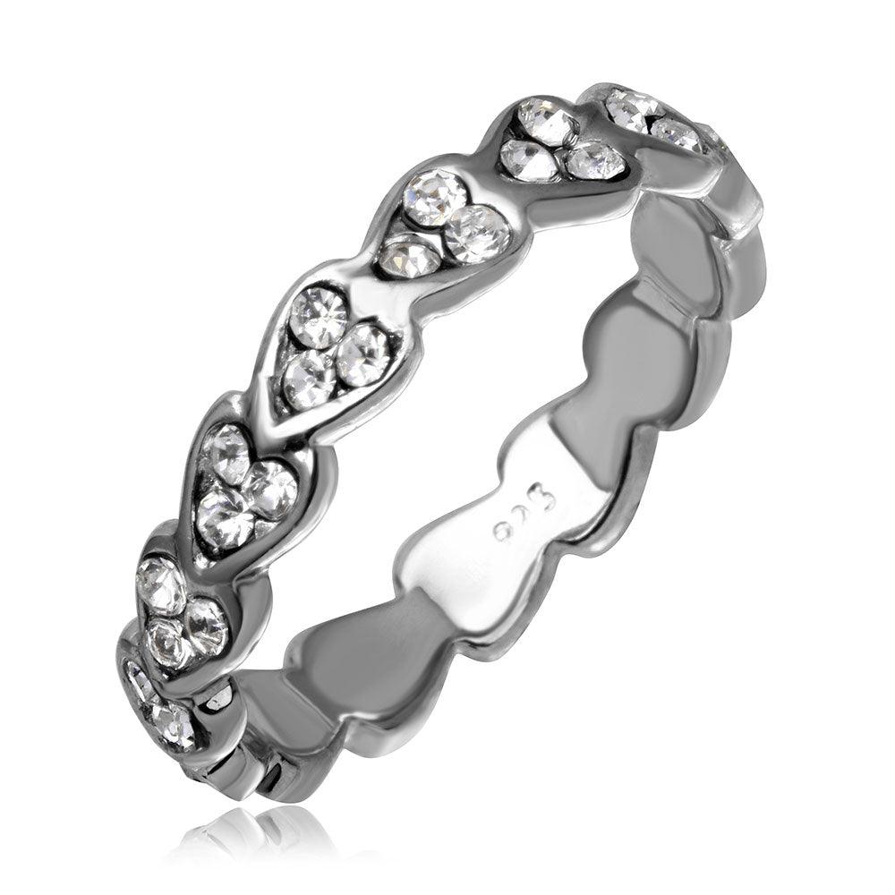 Silver 925 Rhodium Plated Mini Heart Shaped Eternity Ring with CZ - AAR0008 | Silver Palace Inc.