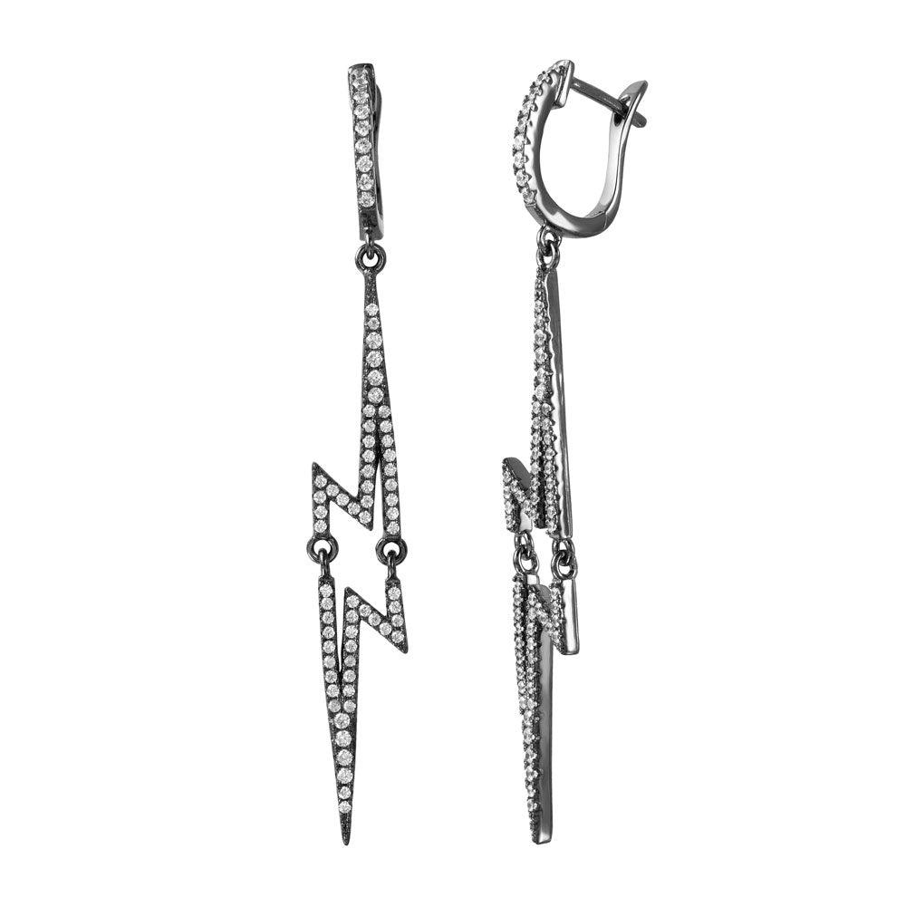 Silver 925 Black Rhodium Plated Dangling Lightning CZ huggie hoop Earrings - ACE00102BLK | Silver Palace Inc.