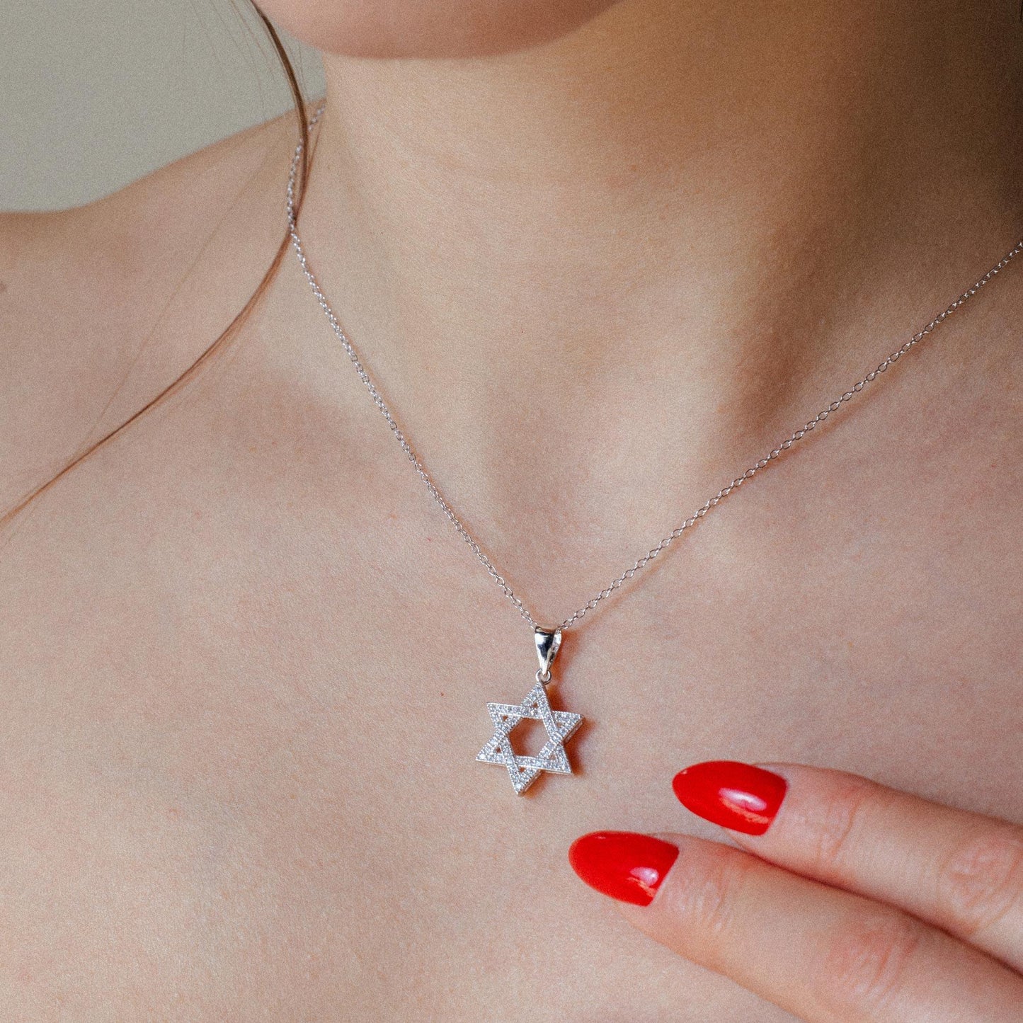 Silver 925 Rhodium Plated Open Hebrew Star Micro Pave CZ Dangling Pendant - ACP00035