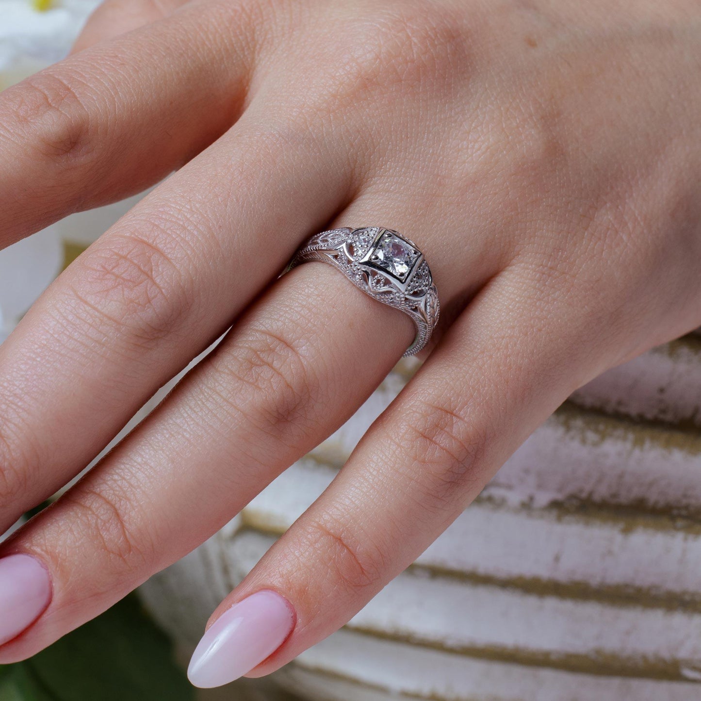 Silver 925 Rhodium Plated Clear CZ Inlay Antique Ring - ACR00014