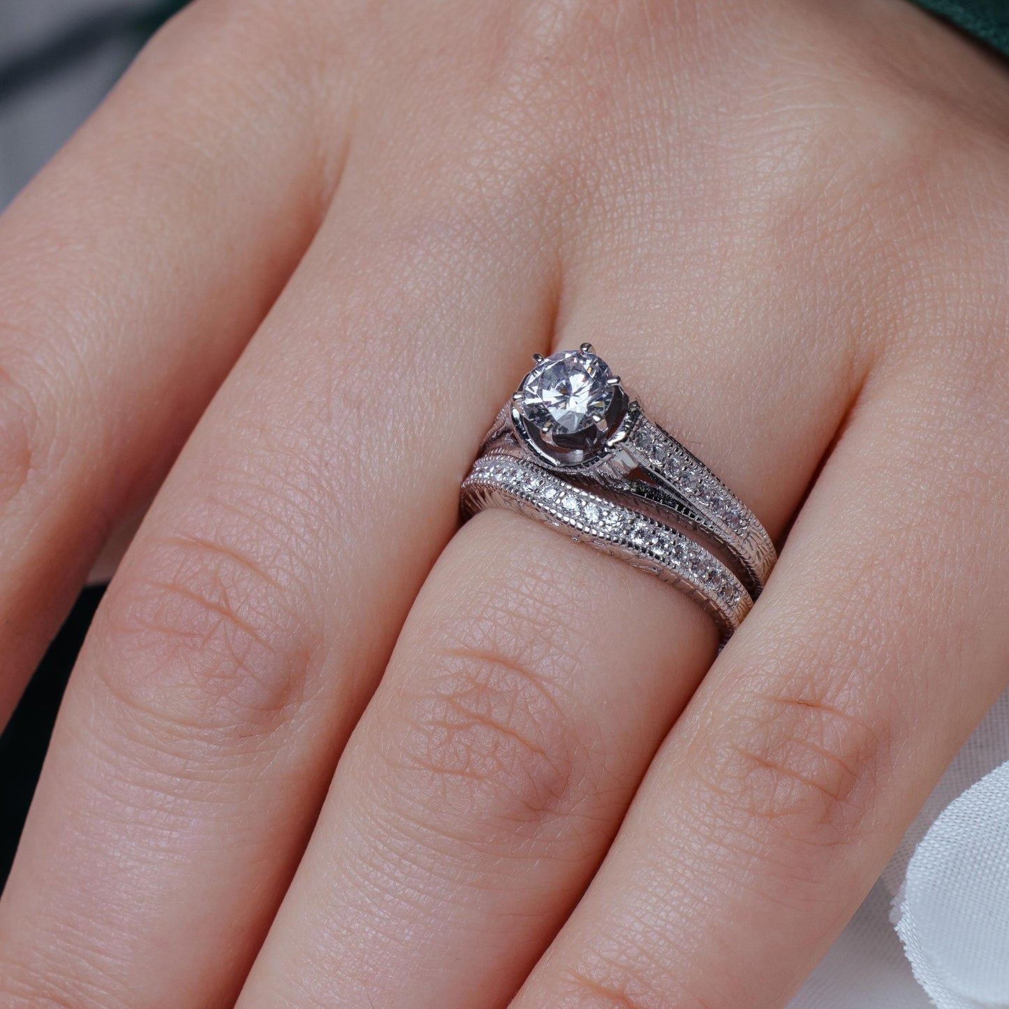 Silver 925 Rhodium Plated Pave Clear Round CZ Engagement Ring Set - ACR00021