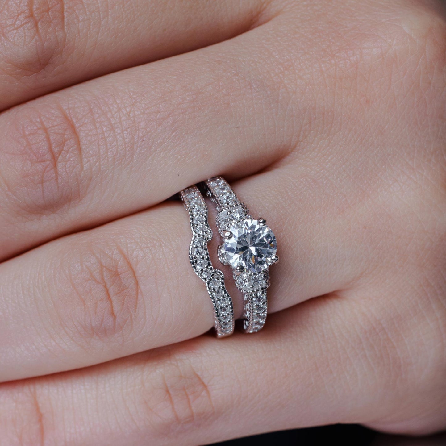 Silver 925 Rhodium Plated Pave Round Center Clear CZ Engagement Ring Set - ACR00024
