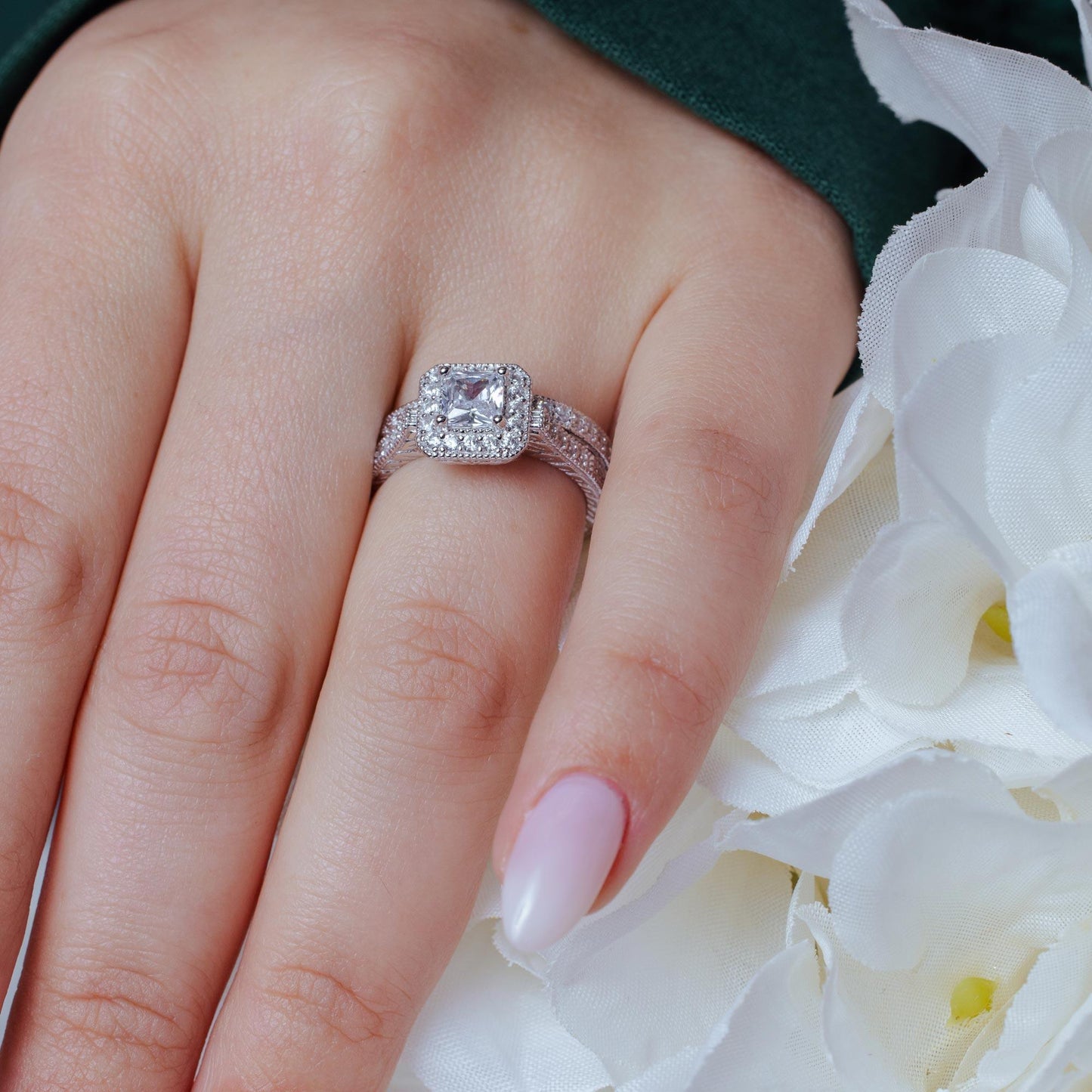 Silver 925 Rhodium Plated Pave Clear Square Cluster CZ Engagement Ring Set - ACR00025