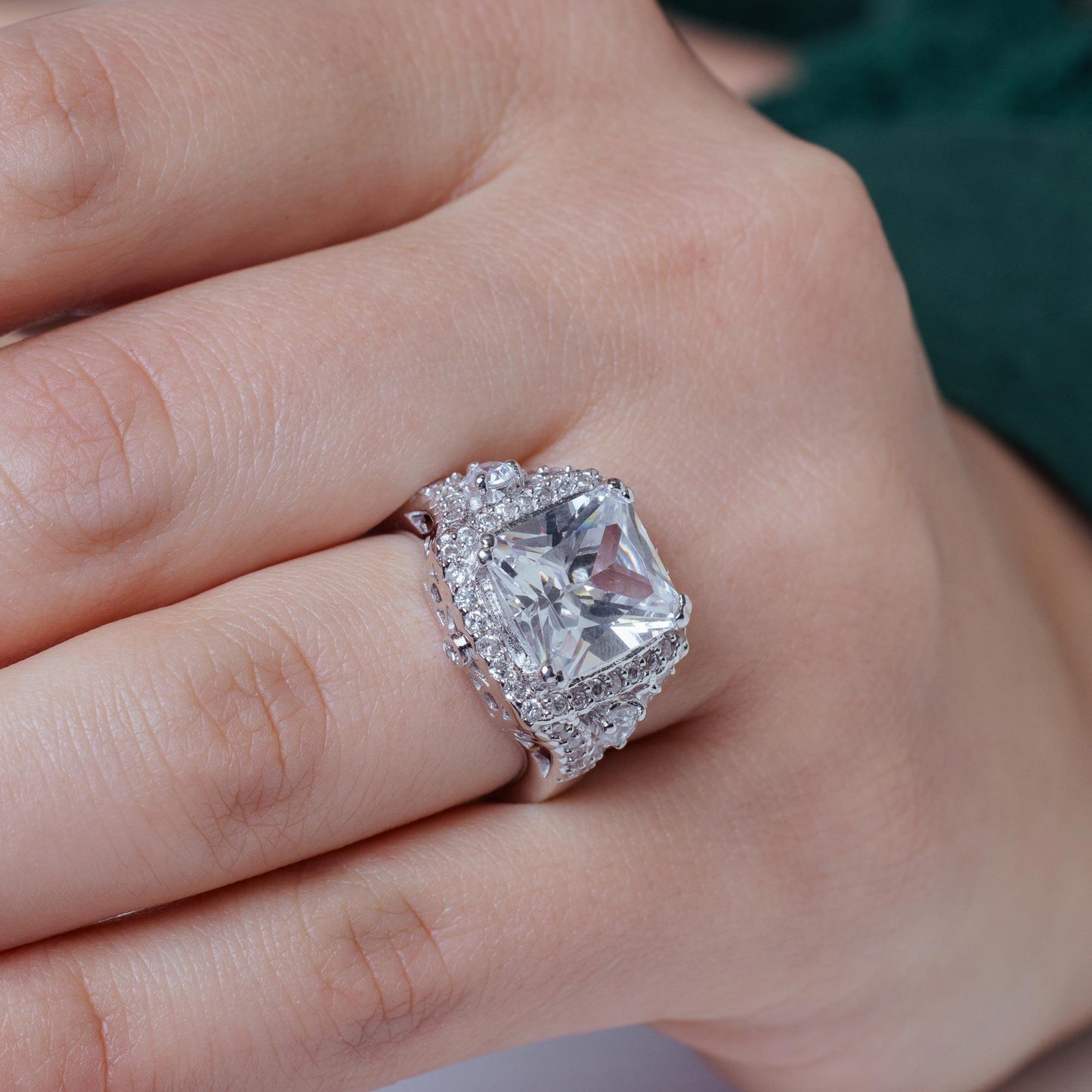 Silver 925 Rhodium Plated Pave Clear Square Center Cluster CZ Ring - ACR00029