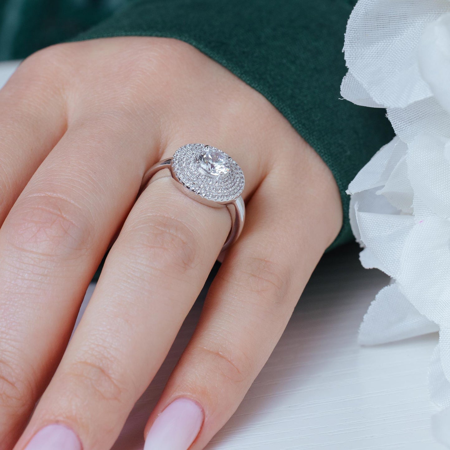 Silver 925 Rhodium Plated Micro Pave Clear CZ Multi Layer Round Ring - ACR00057